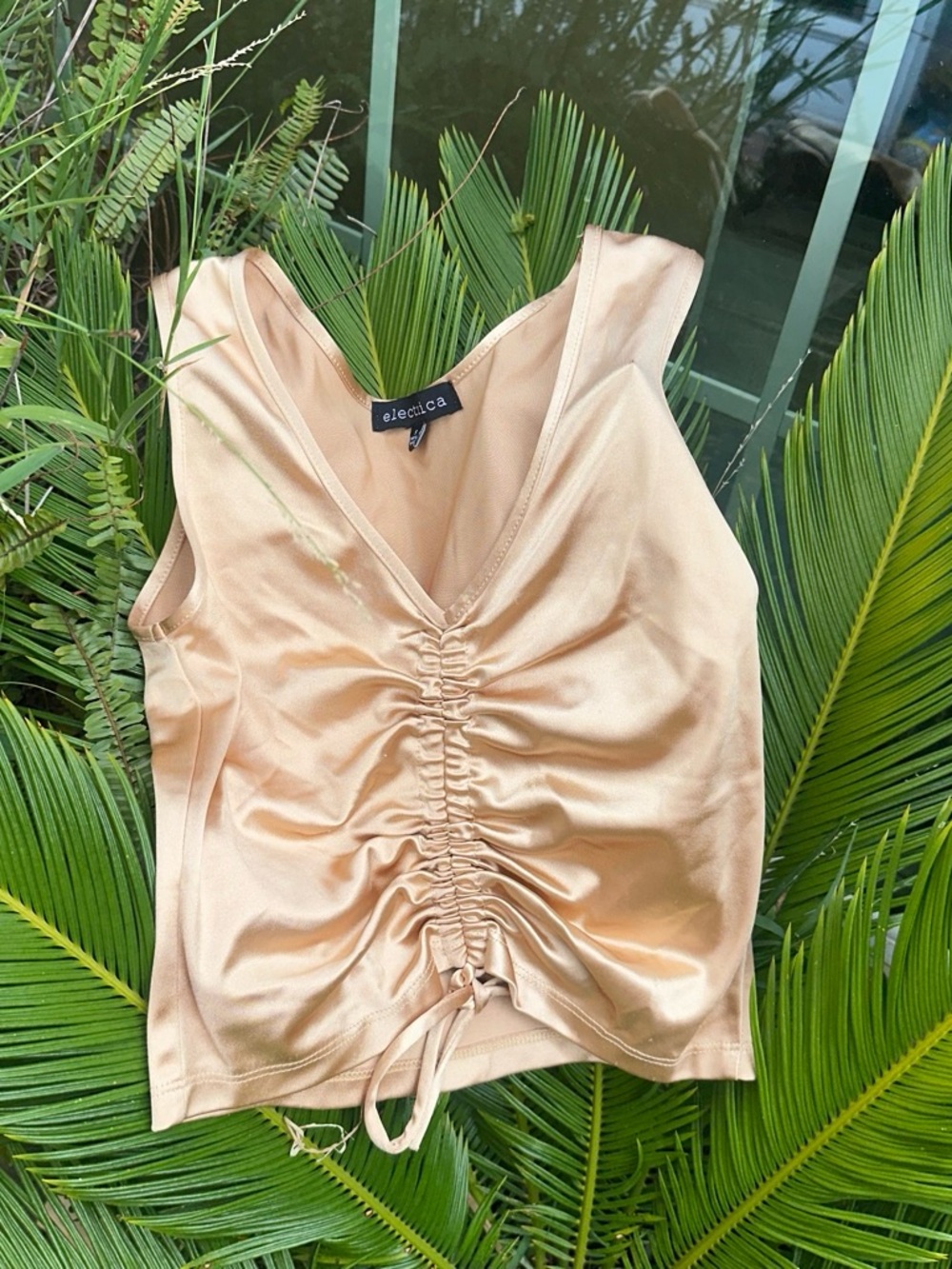 Electric Family Peach Satin Ruched V-Neck Camisole